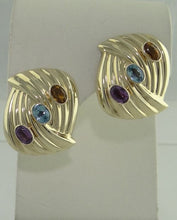 Load image into Gallery viewer, LADIES 14K YELLOW GOLD OVAL AMETHYST TOPAZ CITRINE SWIRL HOLLOW EARRINGS 1.19&quot;
