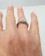 Load image into Gallery viewer, LADIES 10k WHITE GOLD 1/2ct ROUND DIAMOND ILLUSION HEAD HALO ENGAGEMENT RING
