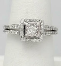 Load image into Gallery viewer, LADIES 10k WHITE GOLD 1/2ct ROUND DIAMOND ILLUSION HEAD HALO ENGAGEMENT RING
