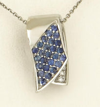 Load image into Gallery viewer, 585 14k WHITE GOLD 1/2ct BLUE SAPPHIRE 1/10ct DIAMOND RIBBON SLIDE PENDANT 3/4&quot;
