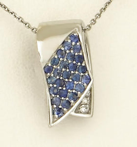 585 14k WHITE GOLD 1/2ct BLUE SAPPHIRE 1/10ct DIAMOND RIBBON SLIDE PENDANT 3/4"
