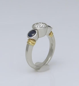 PLATINUM 750 1.17ct DIAMOND .50ct SAPPHIRE THREE STONE BEZEL SET ENGAGEMENT RING