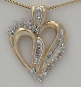 LADIES 10K YELLOW GOLD 1/2ct ROUND BAGUETTE DIAMOND HEART LOVE PENDANT CHARM 1"
