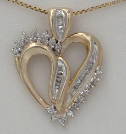 LADIES 10K YELLOW GOLD 1/2ct ROUND BAGUETTE DIAMOND HEART LOVE PENDANT CHARM 1