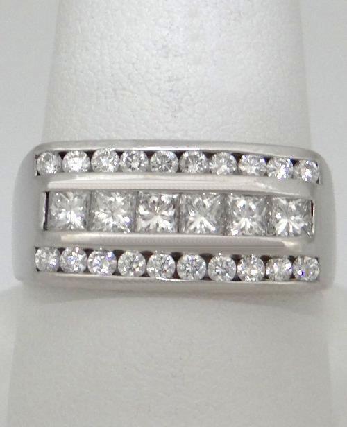 LADIES 14k WHITE GOLD 1.00ct ROUND PRINCESS CUT DIAMOND 3 THREE ROW RING 9 10mm