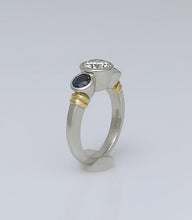 Load image into Gallery viewer, PLATINUM 750 1.17ct DIAMOND .50ct SAPPHIRE THREE STONE BEZEL SET ENGAGEMENT RING
