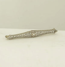 Load image into Gallery viewer, VINTAGE 14K WHITE GOLD MINE CUT DIAMOND FILIGREE BROOCH PIN 2&quot;
