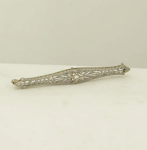 VINTAGE 14K WHITE GOLD MINE CUT DIAMOND FILIGREE BROOCH PIN 2"