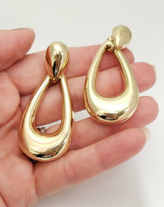 14k YELLOW GOLD ITALIAN DANGLE OVAL PUFF HOOPS 2"