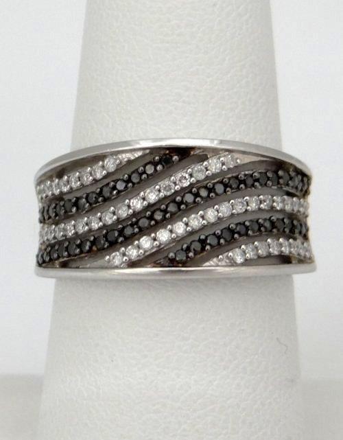 LADIES 14K WHITE GOLD 1/2ct BLACK CLEAR DIAMOND CONCAVE WAVE CUT OUT RING 10mm 7