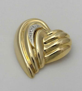 585 14k YELLOW GOLD ROUND DIAMOND HOLLOW RIBBED 2D PUFFED HEART PIN BROOCH