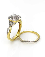 Load image into Gallery viewer, 14k YELLOW GOLD .75ctw PRINCESS CUT DIAMOND DOUBLE HALO ENGAGEMENT BRIDAL SET
