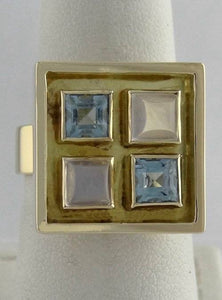 18K YELLOW GOLD SQUARE CONTEMPORARY PRINCESS CUT BLUE CZ OPAL RING