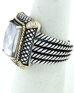 925 STERLING SILVER 18K GOLD PINK QUARTZ DIAMOND CABLE RING