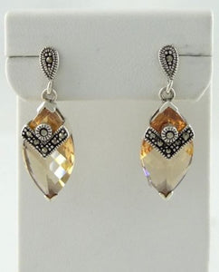 925 STERLING SILVER CUSTOM MARQUISE PEACH CZ MARCASITE DANGLE EARRINGS 1.18"