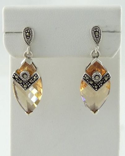 925 STERLING SILVER CUSTOM MARQUISE PEACH CZ MARCASITE DANGLE EARRINGS 1.18