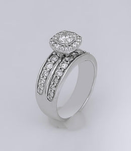 LADIES 14k WHITE GOLD 1 1/4ct ROUND DIAMOND HALO WIDE BAND ENGAGEMENT RING