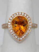 Load image into Gallery viewer, 18K ROSE GOLD 2 3/4ct PEAR ORANGE CITRINE HALO DIAMOND RING
