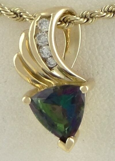 14K YELLOW GOLD 1 1/2ct 7mm TRILLION MYSTIC TOPAZ DIAMOND PENDANT CHARM .69