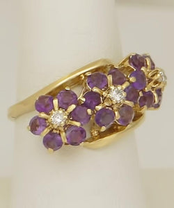 LADIES 14k YELLOW GOLD 1 3/4ct ROUND AMETHYST .05ct DIAMOND TRIO FLOWER RING