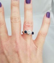 Load image into Gallery viewer, PLATINUM 750 1.17ct DIAMOND .50ct SAPPHIRE THREE STONE BEZEL SET ENGAGEMENT RING
