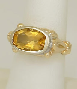 LADIES TWO TONE 14k GOLD HIGH POLISH 4.00ct OVAL YELLOW CITRINE FILIGREE RING
