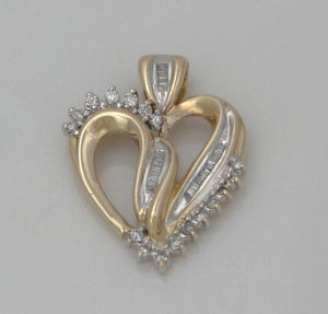 LADIES 10K YELLOW GOLD 1/2ct ROUND BAGUETTE DIAMOND HEART LOVE PENDANT CHARM 1"