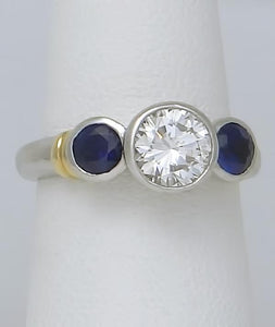 PLATINUM 750 1.17ct DIAMOND .50ct SAPPHIRE THREE STONE BEZEL SET ENGAGEMENT RING