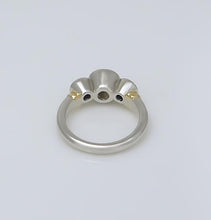 Load image into Gallery viewer, PLATINUM 750 1.17ct DIAMOND .50ct SAPPHIRE THREE STONE BEZEL SET ENGAGEMENT RING
