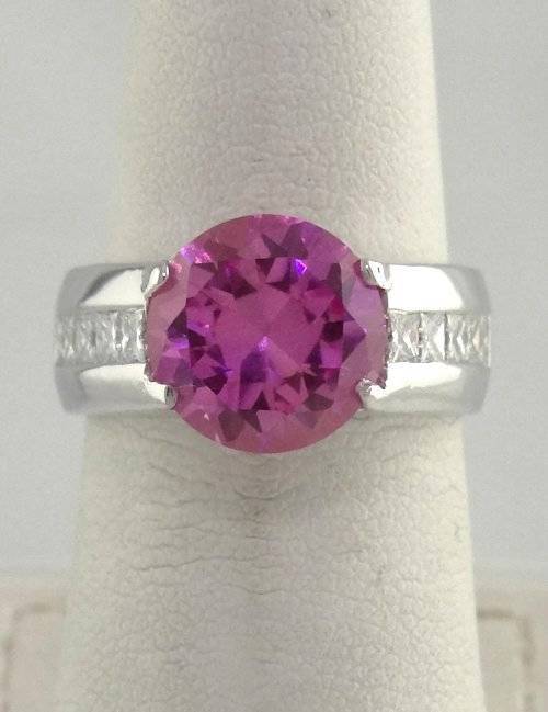 14K WHITE GOLD ROUND PINK TOPAZ & PRINCESS DIAMOND RING VS