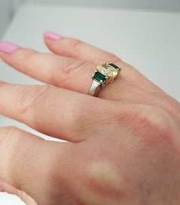 GIA PLATINUM 18k YELLOW GOLD 1.28ct YELLOW OVAL DIAMOND EMERALD ENGAGEMENT RING