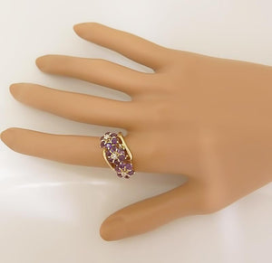 LADIES 14k YELLOW GOLD 1 3/4ct ROUND AMETHYST .05ct DIAMOND TRIO FLOWER RING