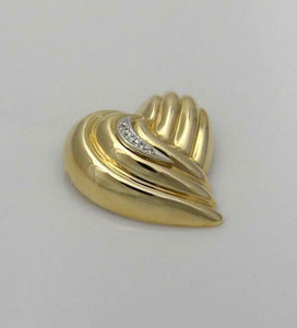 585 14k YELLOW GOLD ROUND DIAMOND HOLLOW RIBBED 2D PUFFED HEART PIN BROOCH