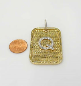 14k YELLOW GOLD 3.00ct YELLOW DIAMOND LETTER Q INITIAL DOG TAG PENDANT 2.33"