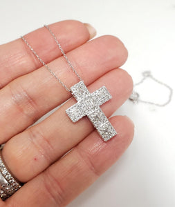 .50ct Baguette & Round Diamond Cross Necklace in 10k White Gold