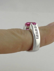 14K WHITE GOLD ROUND PINK TOPAZ & PRINCESS DIAMOND RING VS
