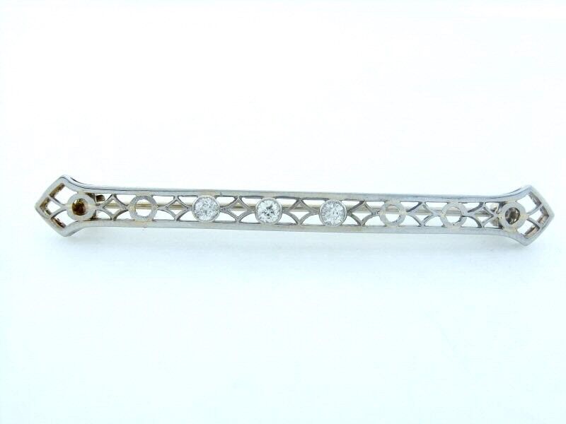 14K WHITE GOLD VINTAGE 1/4ct 3 ROUND MINE CUT DIAMOND PIN BROOCH
