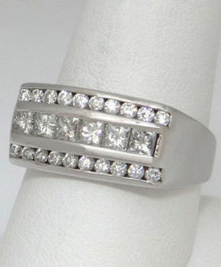 LADIES 14k WHITE GOLD 1.00ct ROUND PRINCESS CUT DIAMOND 3 THREE ROW RING 9 10mm