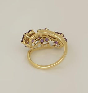 LADIES 14k YELLOW GOLD 1 3/4ct ROUND AMETHYST .05ct DIAMOND TRIO FLOWER RING