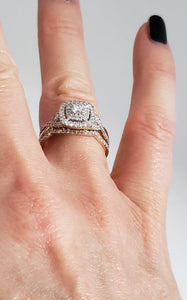 14k YELLOW GOLD .75ctw PRINCESS CUT DIAMOND DOUBLE HALO ENGAGEMENT BRIDAL SET