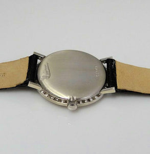 VINTAGE 14k WHITE GOLD LUCIEN PICCARD 1/2ct DIAMOND SILVER LEATHER WATCH 33m