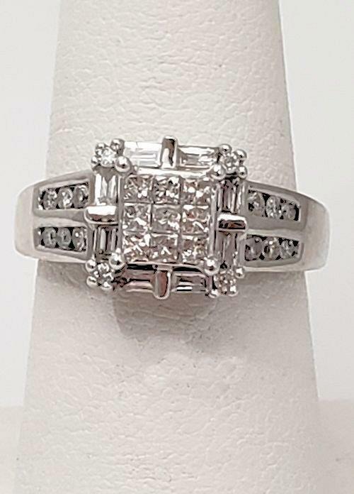 3/4ct PRINCESS HALO DIAMOND ENGAGEMENT or PROMISE RING in 14K WHITE GOLD