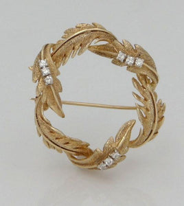 14k Yellow Gold 1/5c Diamond Textured Wreath Leaf Leaves Pin Brooch 1.31"