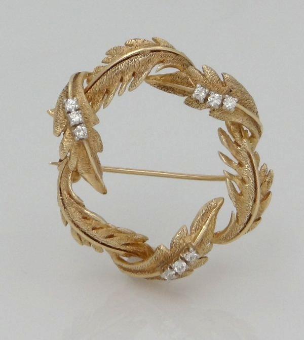 14k Yellow Gold 1/5c Diamond Textured Wreath Leaf Leaves Pin Brooch 1.31
