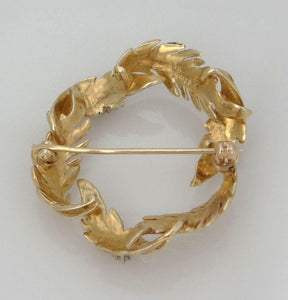14k Yellow Gold 1/5c Diamond Textured Wreath Leaf Leaves Pin Brooch 1.31"