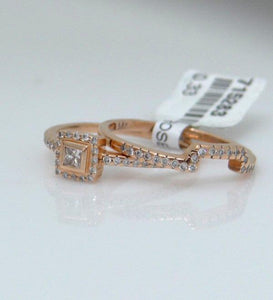14k Rose Gold .33ct Princess Diamond Halo Engagement Ring & Wedding Band Set