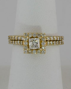 14k Yellow Gold 1.21ct Total Diamond Princess Halo Engagement Wedding Band Set