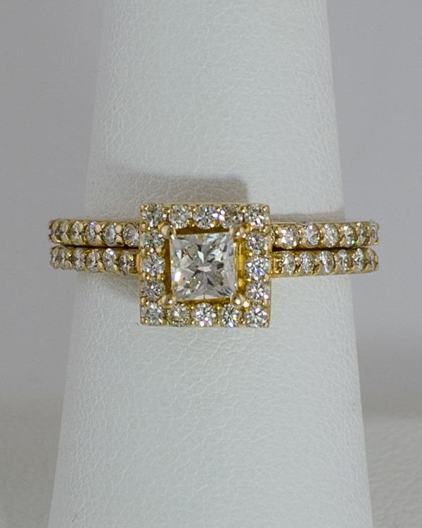 14k Yellow Gold 1.21ct Total Diamond Princess Halo Engagement Wedding Band Set