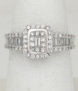 14k White Gold .83ct Diamond Baguette Princess Round Halo Ring