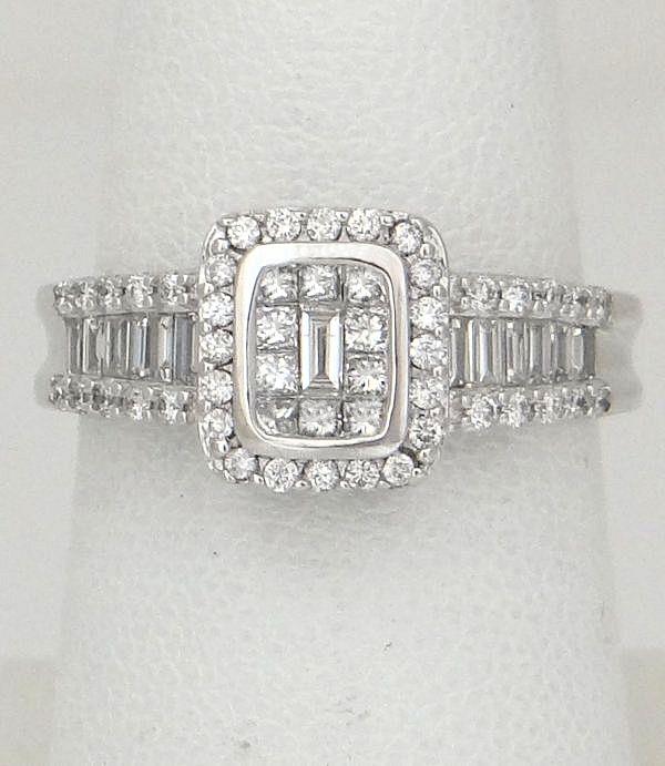 14k White Gold .83ct Diamond Baguette Princess Round Halo Ring